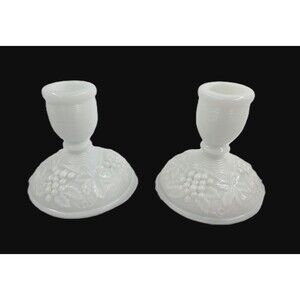 IMPERIAL GLASS Grape & Leaf Milk Glass Pair Of Candle Stick Holders Mid Century